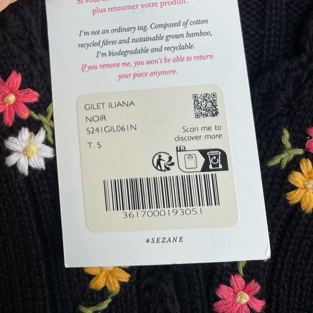 SEZANE NWT Black Floral Embroidered Short Sleeve Ribbed Knit Iliana Cardigan - Picture 11 of 13
